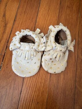 Freshly Picked Cream Moccasins with Gold Polka Dots